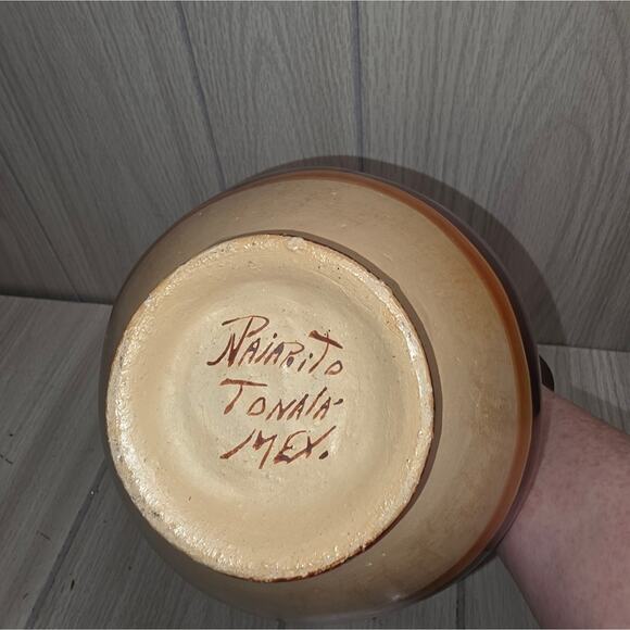 Vtg Tonala Mexican Pottery Bedside Water Pitcher W/Cup Handmade Botellon Vase - Picture 2 of 8